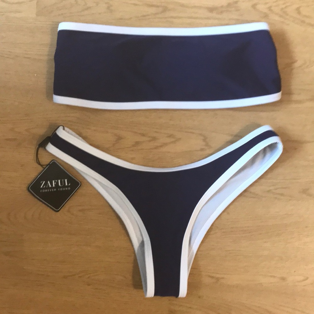 Zaful Blue/White Bandeau Swimsuit Size SMALL